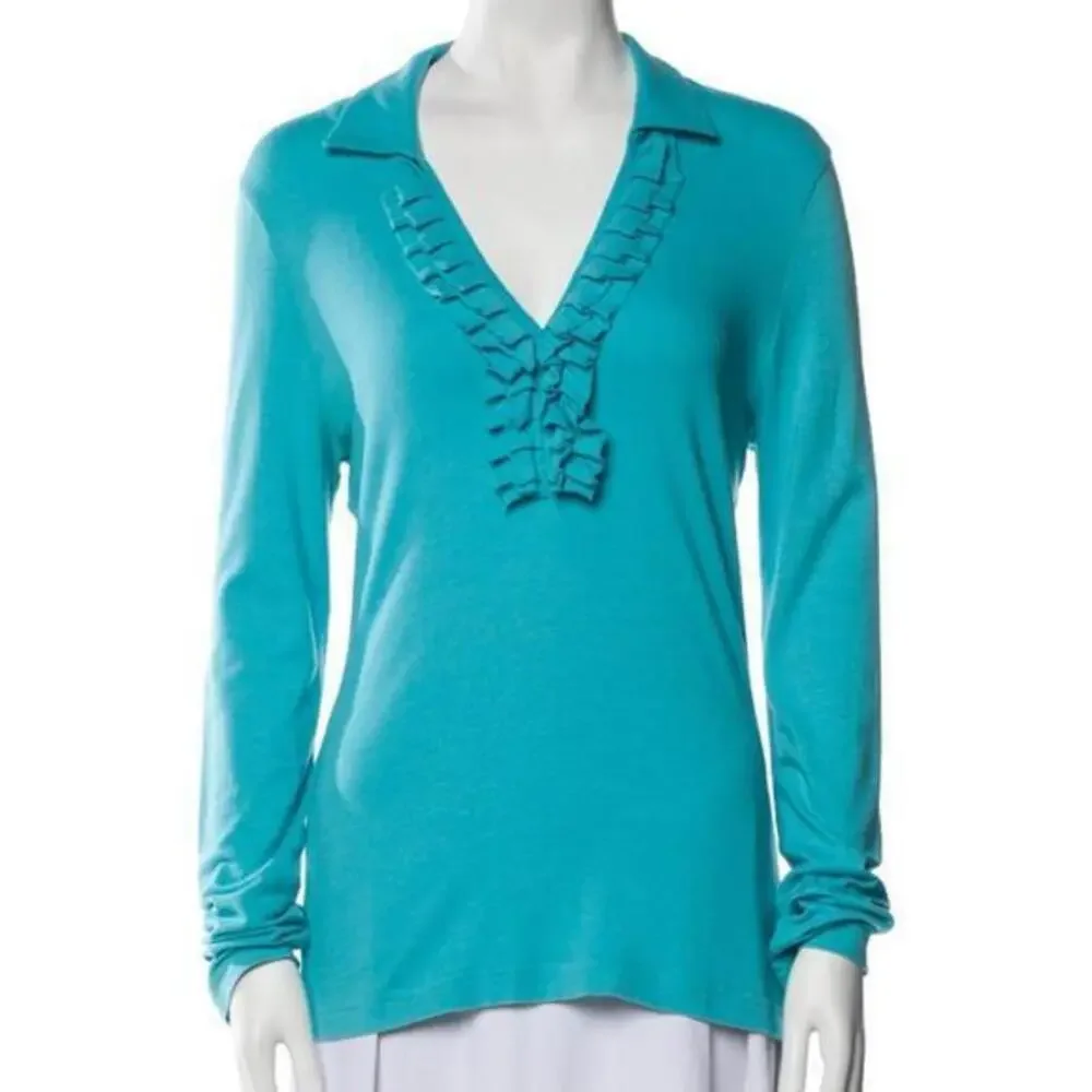 Tory Burch Turquoise Long Sleeve V-Neck Ruffle Blouse